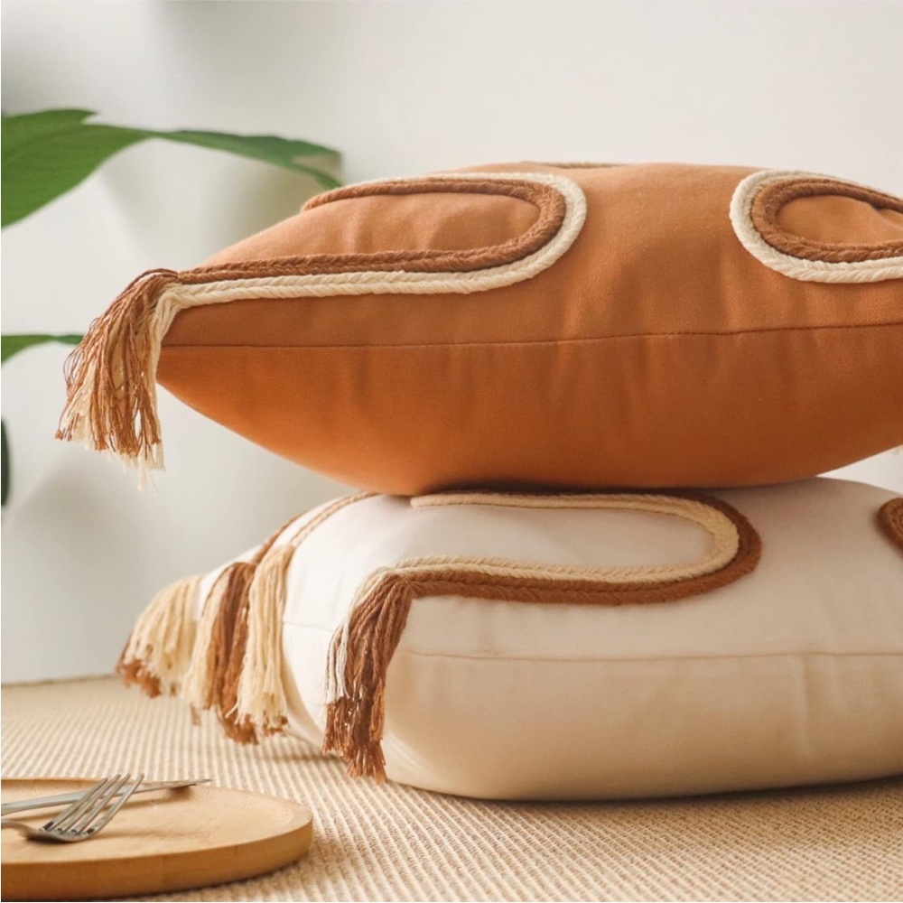 Braided Mid Century Orange Pillow Case Fringed Neutral Textured Boho Farmhouse - Picture 3 of 8